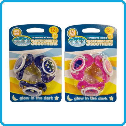 Picture of 3 Decorated Ortho Glow Soothers 12m+