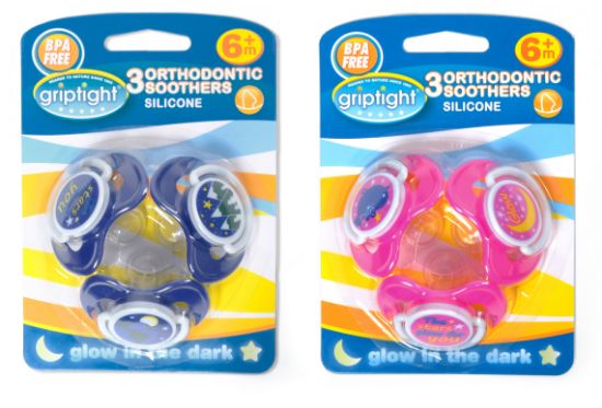 Picture of 3 Decorated Ortho Glow Soothers 6m+