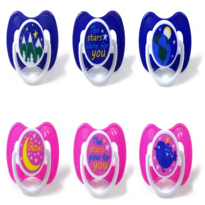 Picture of 3 Decorated Ortho Glow Soothers 12m+
