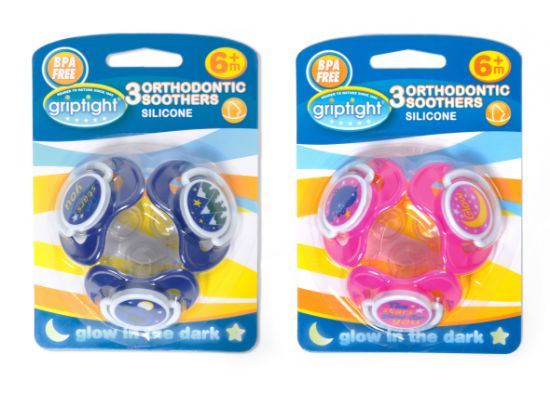 Picture of 3 Decorated Ortho Glow Soothers 6m+