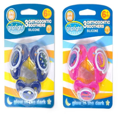 Picture of 3 Decorated Ortho Glow Soothers 6m+