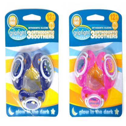 Picture of 3 Decorated Ortho Glow Soothers 12m+